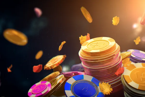 Một người phụ nữ quyến rũ cầm chip casino trong không gian ánh đèn rực rỡ, đại diện cho bầu không khí casino trực tuyến của F16886.